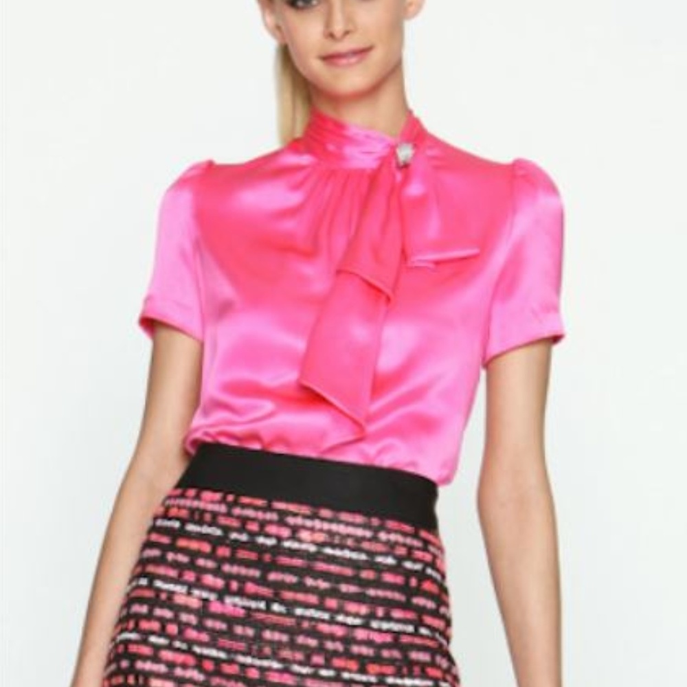 MILLY Silk Pink Rhinestone Bow Blouse - Picture 2 of 7